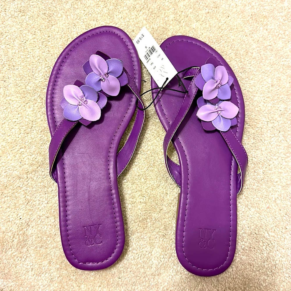 New York & Company purple thong sandals with flower detail